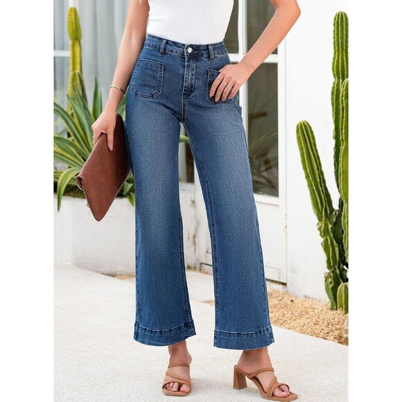 Women’s Wide Leg Jeans High Waisted Stretchy Denim Pants with Pockets - Picture 5 of 6